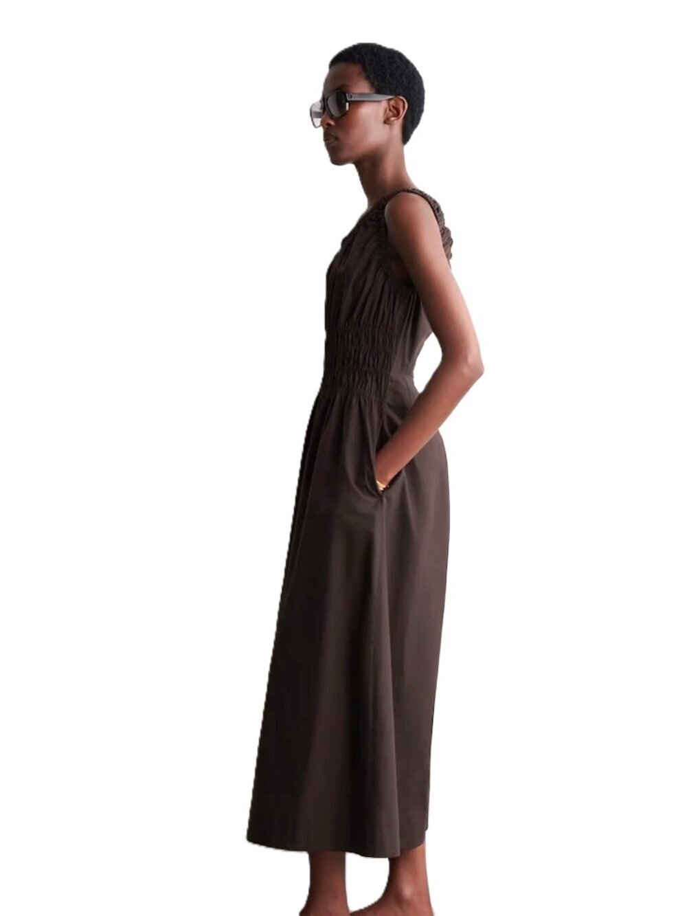 COS Brown Shirred Cotton Wide Leg Jumpsuit Sleeveless Sz 2 Minimalist Chic - Picture 4 of 13